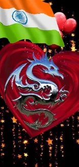 Silver dragon inside red heart with Indian flag background.