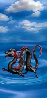 Mobile wallpaper of a dragon in a blue sky with clouds.