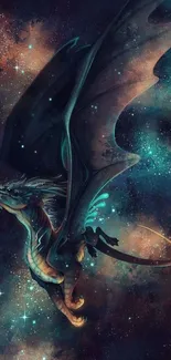 A mystical dragon flying through a cosmic night sky filled with stars.