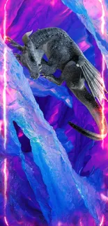 Fantasy dragon in vibrant blue icy cavern.