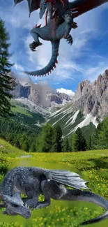 Dragons flying over scenic mountains in lush green landscape.