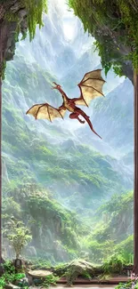 Dragon flying in lush green mystical landscape.