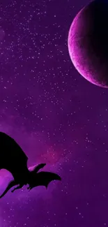 Silhouette of a dragon flying in a vibrant purple galaxy with a distant planet.