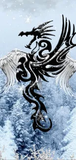 Dragon design in snowy forest wallpaper with serene winter art.