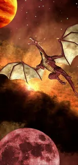 Dragon flying in space with planets and stars, fantasy art wallpaper.