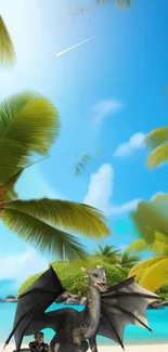 Fantasy wallpaper featuring a dragon on a tropical island with palm trees and blue sky.