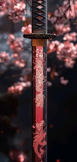 Katana with dragon design amid cherry blossoms.