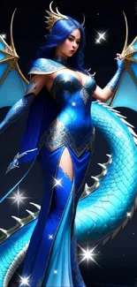 Dragon lady with blue wings fantasy art wallpaper.