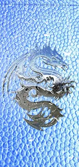 Metallic dragon design on blue textured phone wallpaper.