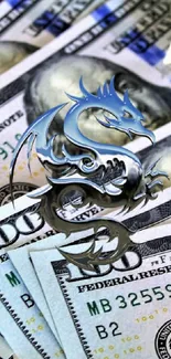 Dragon overlay on hundred dollar bills wallpaper in blue.