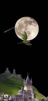 A dragon flies by the moon over a castle on a hill.