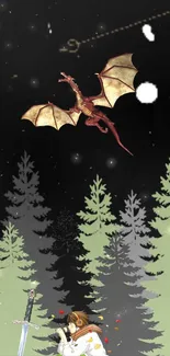 Fantasy wallpaper with dragon flying in a starry night over pine trees.