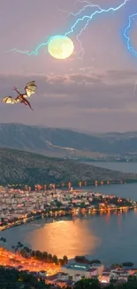 Dragon flying at night over cityscape with moonlight and lightning.