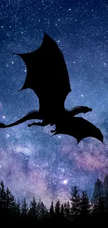 Silhouette of a dragon flying over a forest with a starry galaxy sky.