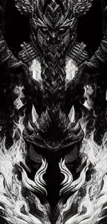 Black and white dragon with fiery motifs on wallpaper.