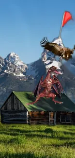 Dragon atop cabin with mountain backdrop in nature.