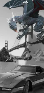 A blue dragon flies over the Golden Gate Bridge in a vivid fantasy wallpaper.