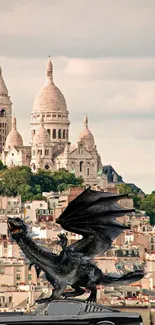 Dragon stands over city skyline with historical architecture in view.