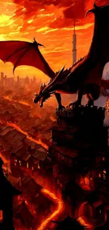 Dragon overlooking a fiery city during sunset with dramatic orange sky.