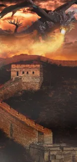 Dragon flying over the Great Wall with fiery sunset.