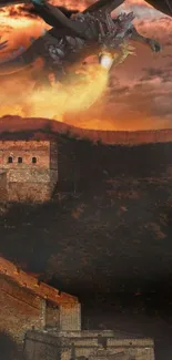 Dragon flying over the Great Wall at sunset.