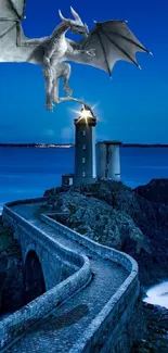 Majestic dragon flying over a lighthouse by the ocean under a starry night sky.