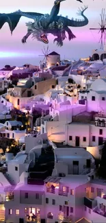 Dragon gracefully soars over Santorini's enchanting skyline at dusk.