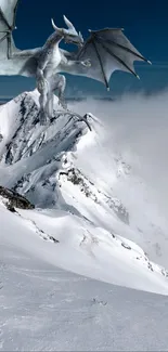 Dragon flying over snowy mountain peak with cloudy sky.