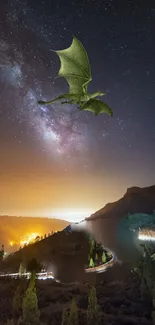 A dragon flies across a starry night sky over a mountain landscape.