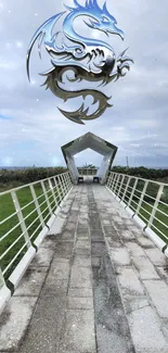 Metallic dragon floating above serene pathway with cloudy sky backdrop.