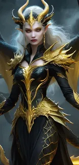 Dragon queen with golden armor in a fantasy setting.