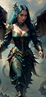 Fantasy dragon queen with teal wings and armor in a mystical setting.