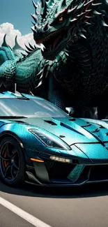 A striking teal race car with a dragon in a fantasy setting.