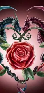 Artistic wallpaper featuring a heart shape with dragons and a rose.