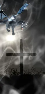 Silhouette of a dragon flying over a cross at night, illuminated by moonlight.