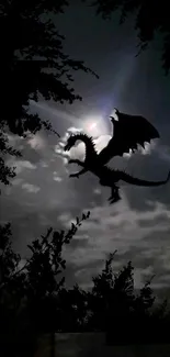 Dragon silhouette flying across a moonlit, cloudy night sky.