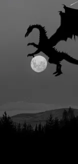 Dragon silhouette in moonlit night sky.