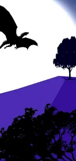 Dragon flying at night over a purple landscape silhouetted against the moon.