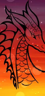 Vibrant dragon silhouette on sunset gradient background.