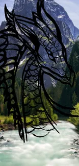 A black dragon sketch overlays a scenic mountain and river background.