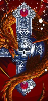 Dragon wrapped around a skull cross in vibrant gothic design.