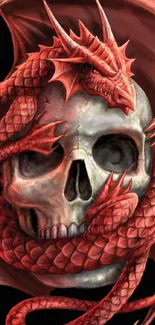 Red dragon wrapped around a skull with dark background art.