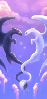 Two dragons form a heart against a purple sky with clouds.