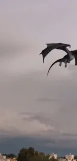 Dragon flying in a grey sky over a city landscape.