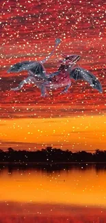 Dragon flying over colorful sunset lake scene with red sky.