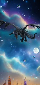 Dragon flying in a starry night sky above a city.