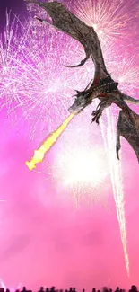 A dragon flies over vibrant fireworks, creating a magical night scene.