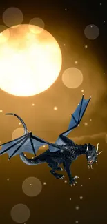 Fantasy dragon flying through a night sky with a bright full moon.