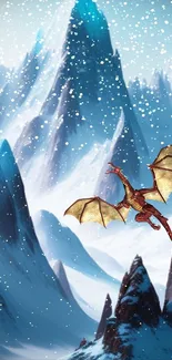 Dragon flies over snowy mountain peaks in a serene winter scene.