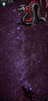 A mystical dragon flies in a starry, dark purple outer space scene.